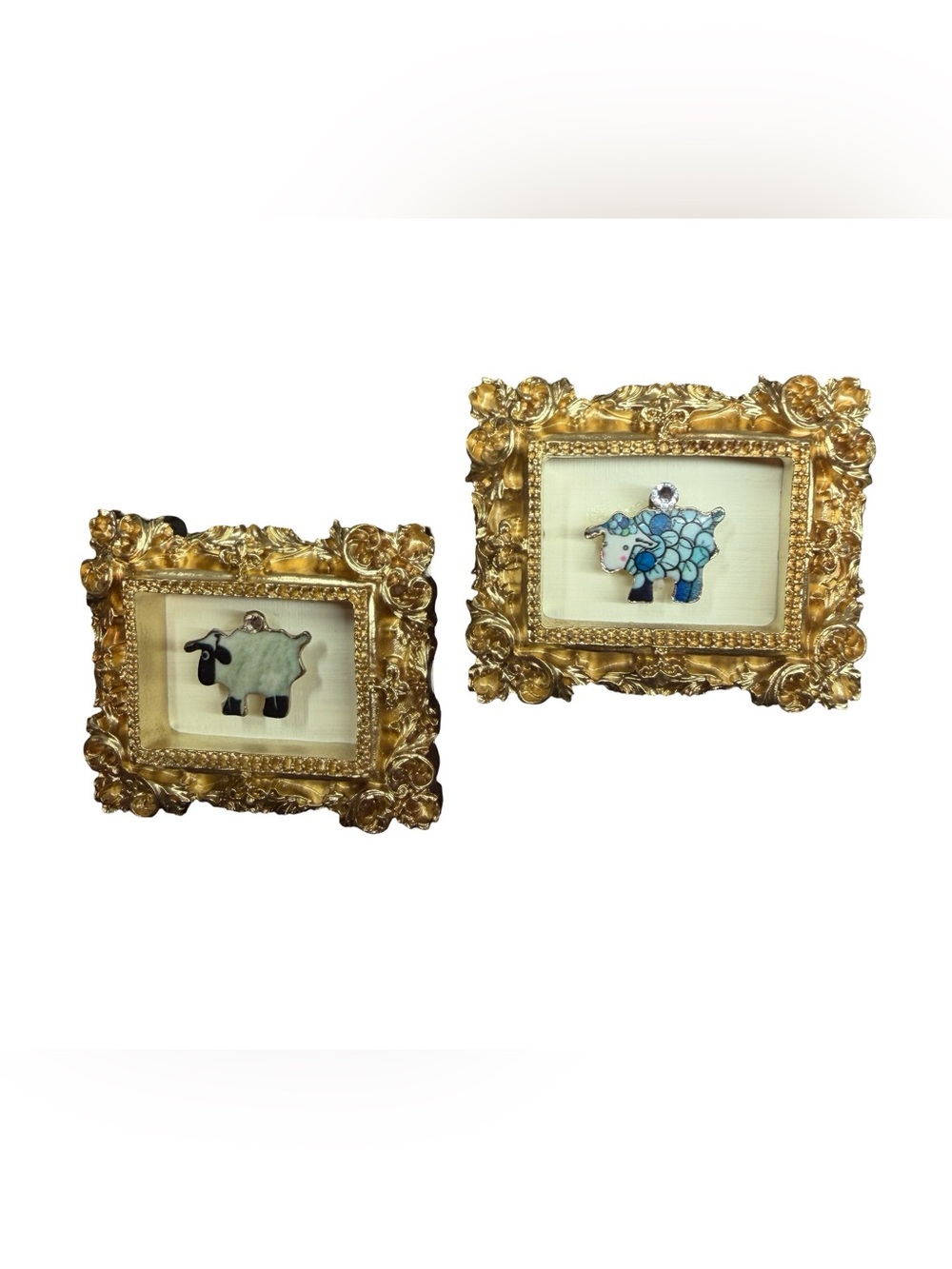 Set of 2 Mini Gold Framed Farm Animal Magnets – Sheep & Blue Cow